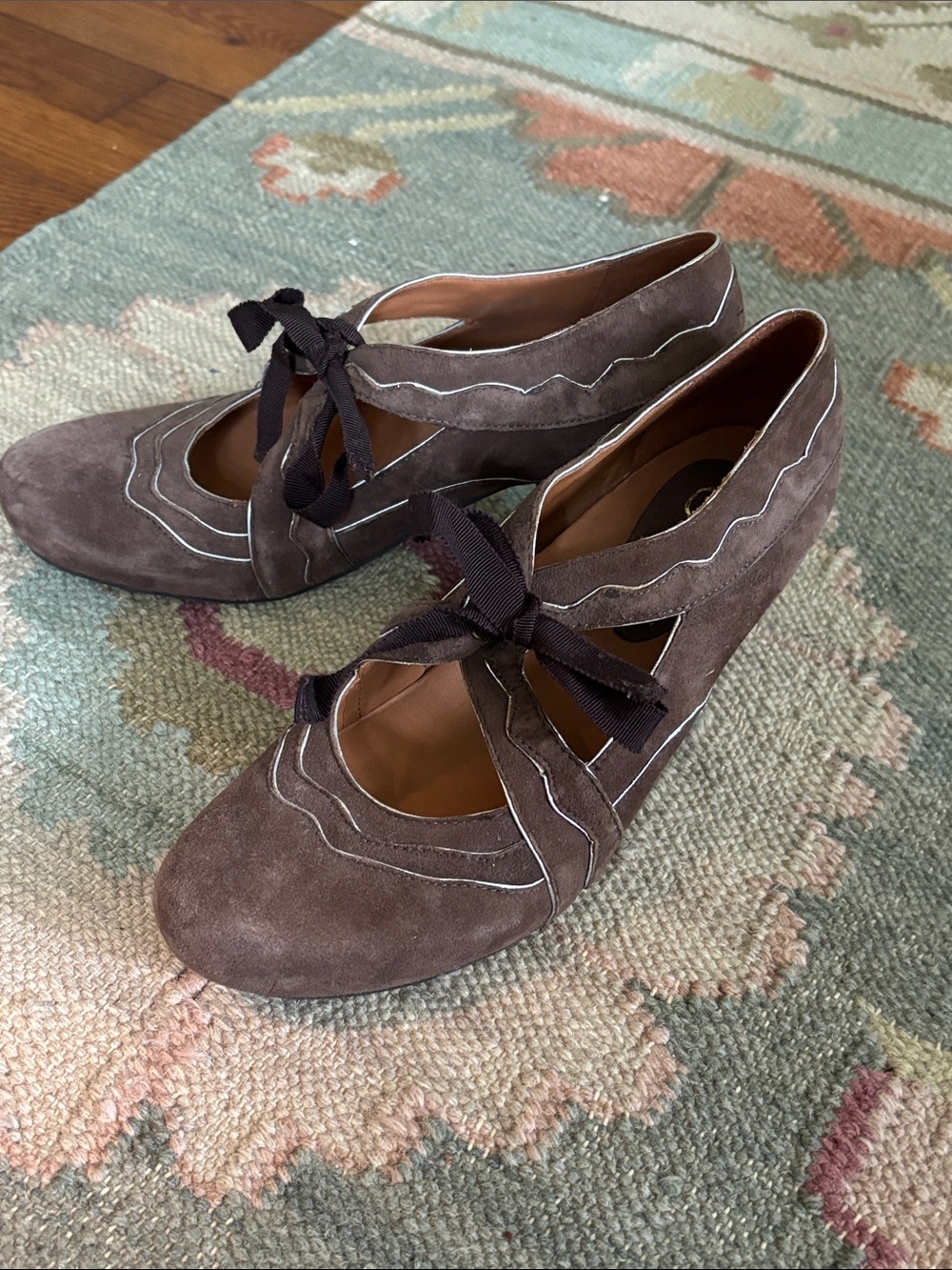 Earthies Taupe Suede Mary Jane Wedge with Ribbon Bow